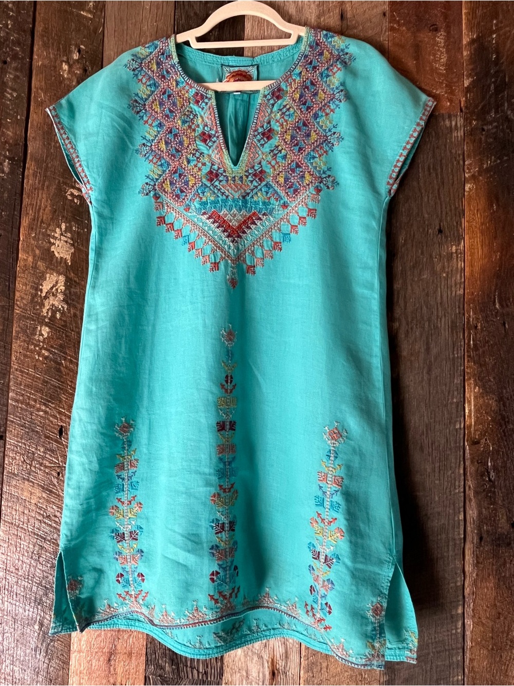 Johnny Was Turquoise Embroidered V‑Neck Dress / Tunic - XS - NWOT